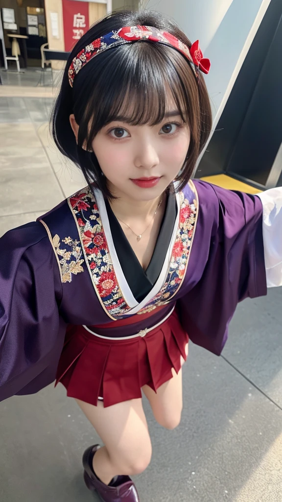 Urzan-6500-v1.1, (RAW Photos:1.2), (Photorealistic), (Genuine:1.4), Elegant woman with a perfect figure: 1.3, Jet Black Hair、((Straight short bob hair with neatly trimmed ends、bangs、Red Hairband))、(She is wearing a deep purple furisode with an elegant pattern.:1.3)、Standing with the fan closed、Majestic Hall々, (A look full of murderous intent:1.2)、 Highly detailed face and skin, Beautiful Eyes, double eyelid, Full Body Shot:1.2、Wearing short boots、(1 person:1.4)、Cleavage、18-year-old、Japanese、Shoot from below、