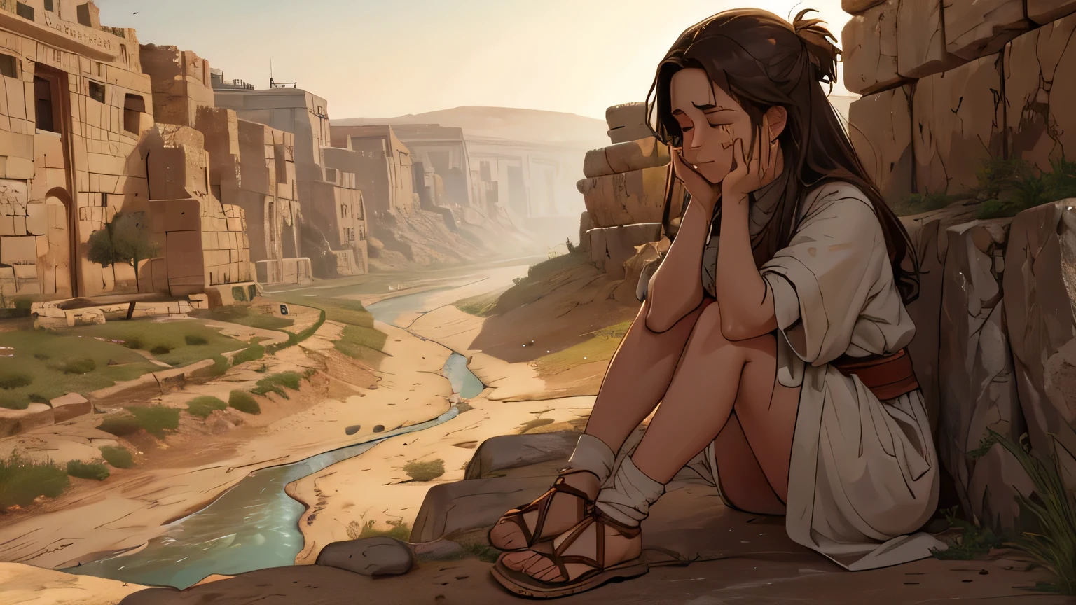 Woman crying next to a completely dry and arid river in ancient Israel, 4th century BC, desaturated colors, muted tones,