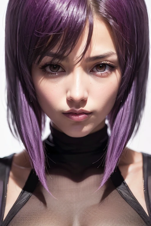 RAW Photos, ((((Extreme beauty portrait))), Suko Kusanagi, Purple Hair, Red eyes,Wearing a transparent black bodysuit，Beautiful woman in anime style,