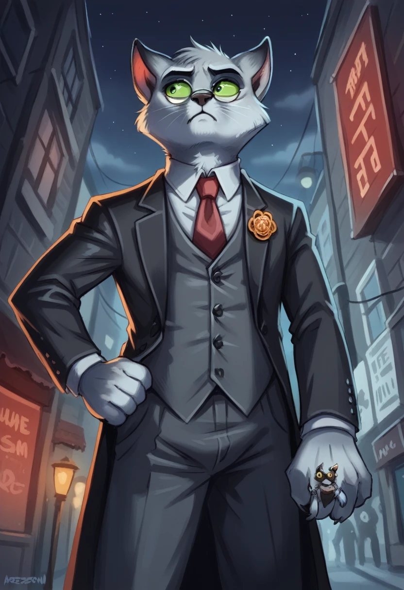 mordecai heller, solo, green sclera, walking in an alleyway, night time, detailed paw hands, ((detailed face, (detailed eyes), by zackarry911, by zaush, (by personalami:0.5), solo, looking away from the viewer, 1boy, male focus, red necktie, glasses, coat, hand on hip, hand holding phone on a call, formal, from below, glasses, suit, grey suit vest, necktie, ((flatcolor)), vore, large vore stomach, person inside of the vore stomach is struggling, white fluffy belly, gurgling belly effect, perfect proportions 