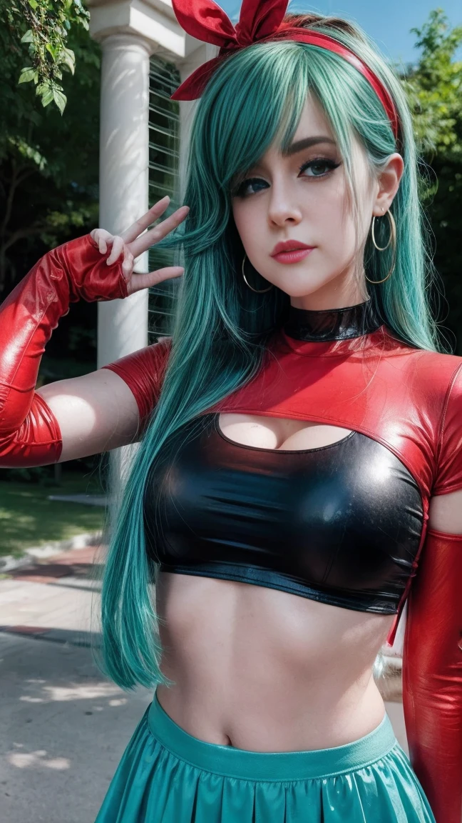 Krissy, masterpiece, best quality, highest quality, photorealistic, perfect anatomy, perfect face, perfect eyes, aqua hair, brabulladbgt, red hairband, red gloves, red crop top, blue eyes, skirt, hoop earrings, choker, 1girl, outdoors, sexy pose, ((panties))
