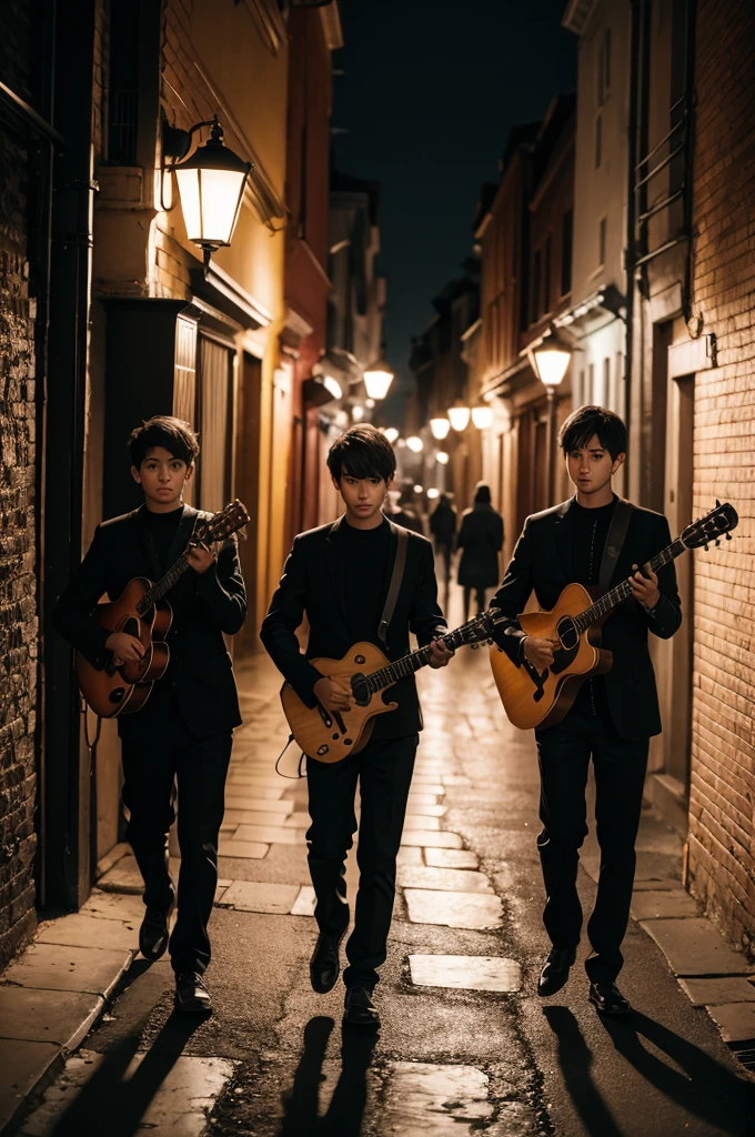 4 boys on a dark street with musical instruments in their hands