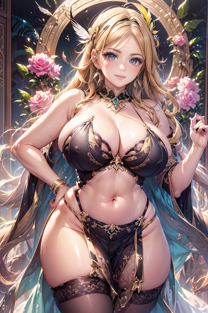 過去最高のmasterpiece、beautiful美しさ, 3D 2D, rich, blonde, skirt, stockings, High heels, star、(Very detailed CG Unity 8K 壁紙),(masterpiece), (Highest quality), (Very detailed), (Best Work),(Best Shadow), (sharp eyeliner, eye shadow, fine eye:1.1), (超High resolution,Realistic,Realistic),(8K,RAW Photos),Mature Woman、Sensual curves、Huge breasts、Thighs、bubble、お尻のmasterpiece, full body shot, beautiful女性, Captivating smile, Thick lips, plump唇, blush, Looking at the audience, Provocative expression, beautiful髪型, Cleavage, plump、Curvy Hips、Attractive face、Sexy Dress、An inviting gaze、Expressing emotions、(((Erotic dresses)))、Gorgeous Accessories 、Big Breastsの女性, Blonde, colored feather, metal ornaments, colored Flowers, particle, Light, (1 Girl:1.3),(Fractal Art:1.1),(colorful:1.1)、(Flowers:1.3),Most detailed,(Tangled:1.2), (Dynamic pose), (Abstract background:1.3), (Shiny skin), (Many colors :1.4), ,(Earrings:1.4), (feather:1.4),masterpiece, Highest quality, Very detailed, 30~40 years, full body shot, beautiful 、Mr.々Hair style，Gold headband，Ample breasts，beautiful butt，Greek clothing，Tulle covers the chest，Perfect balance, Costume details Details,marble，cinematic Lighting, Film Grain, High detail, Openwork decoration，(((colorfulな最高級ドレス)))、(((解剖学的に正しいbody))) ,Big Breasts,Cowboy Shot, blush, (((1 Girl))), Perfect Face, (((Highest quality))), (Very detailed), detailed face and eye, (alone), High resolution、beautifuleye,(((Sexy pose)))、(((整ったBig Breasts)))、((beautiful eye))、luxury、(((超High resolution)))、(((Detailed Description)))、(((ぽっちゃりbody型)))、(((解剖学的構造に一致したbodyの部位)))、beautiful長いまつ毛、バランスのとれたbody型,The legs and arms are just the right size、Fishnet tights、glamorous、(((Clear white and black eye)))、lipstick、Sparkling、(Undistorted face, eye, body)、jewelry、gem、(長くカールしたbeautifulまつ毛)、(((バランス良いbeautiful胸)))、(transparent, Exquisite skin:1.2)、(((完璧なglamorousボディー)))、Actress&#39;s face、Super beautiful、Cute Smile、Healing beauty、Flower Shower、(((完璧なeye)))、Realistic depiction、Super sexy、Shiny、glamorous、double eyelids、Excellent shadow correction、(((ぼやけていないeye)))、(((plump face)))、Cute face 、(((Shiny輝く肌))) 、(((Gorgeous long dress)))