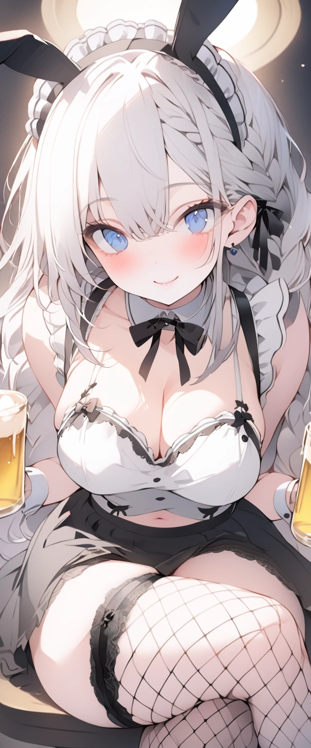 beautiful, masterpiece, Highest quality, anime, One girl, C Cup,Portrait Shot, View your viewers, Covered、Long Hair、nearby、Blue Eyes、art、White hair,black streaked hair, dark atmosphere、Thighs、Braid、Bunny Maid、Fishnet tights、Cafe、smile、garter belt、Crossing legs、skirt、Beer 、navel