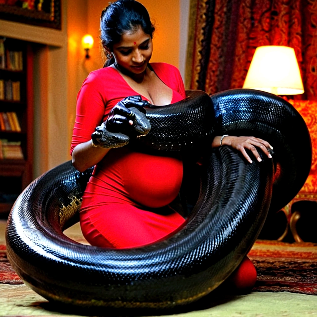   Pregnant Happy Horny, aroused 1girl), beautiful kneeling indian  girl  with  giant colossal black titanboa squeezing her hard, wrapped in thick spiraling coils, constricted, struggle, gasping for air, snake attack, snake peril, moonless night, dim light