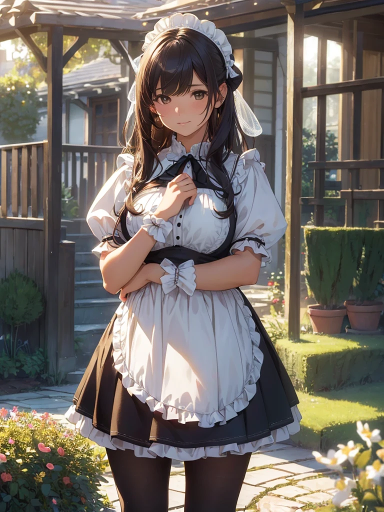 masterpieces,best quality,(ultra_detailed),3D,(realistic:1.9),(photorealistic:1.9),(light falloff at edges:1.9),shallow depth of field,sensual girl,in garden,at morning,western‐style house in the background,plump,(brown _pantyhose,)wavy long hair,built bangs,drooping eyes,wide-set eyes,lovely round eyes,looking away,round face, (maid costume),
