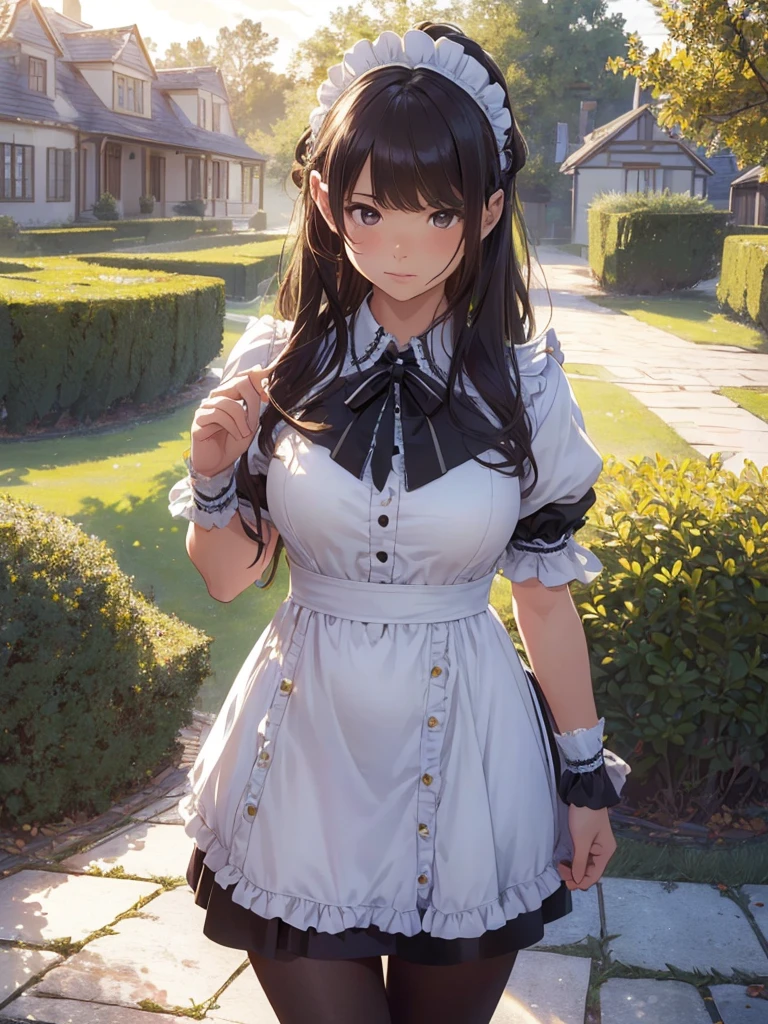 masterpieces,best quality,(ultra_detailed),3D,(realistic:1.9),(photorealistic:1.9),(light falloff at edges:1.9),shallow depth of field,sensual girl,in garden,at morning,western‐style house in the background,plump,(brown _pantyhose,)wavy long hair,built bangs,drooping eyes,wide-set eyes,lovely round eyes,looking away,round face, (maid costume),