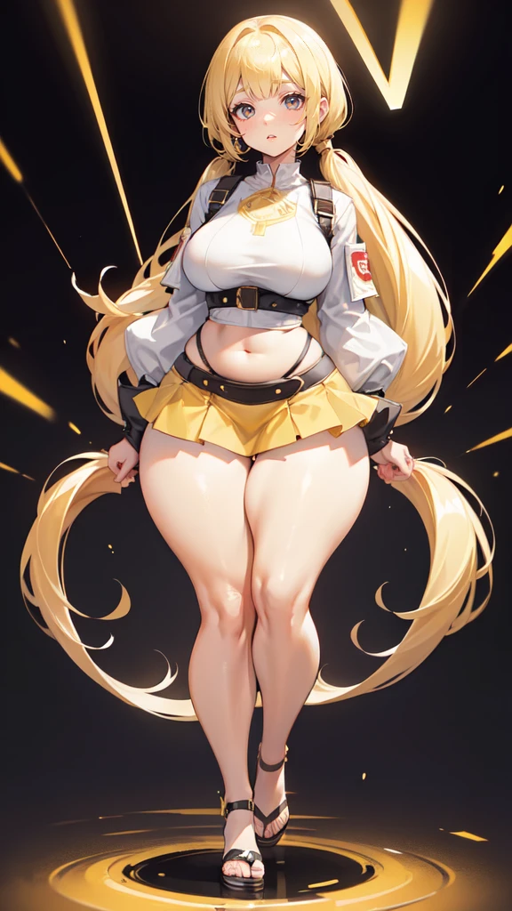 blank background, (((full body))), (masterpiece), ((best quality)), flat chest, blunt bangs, short twintail, (wide hips:1.6), (thick thighs:1.4), (very short skirt), sandals, belt below navel, fanny packs, blonde