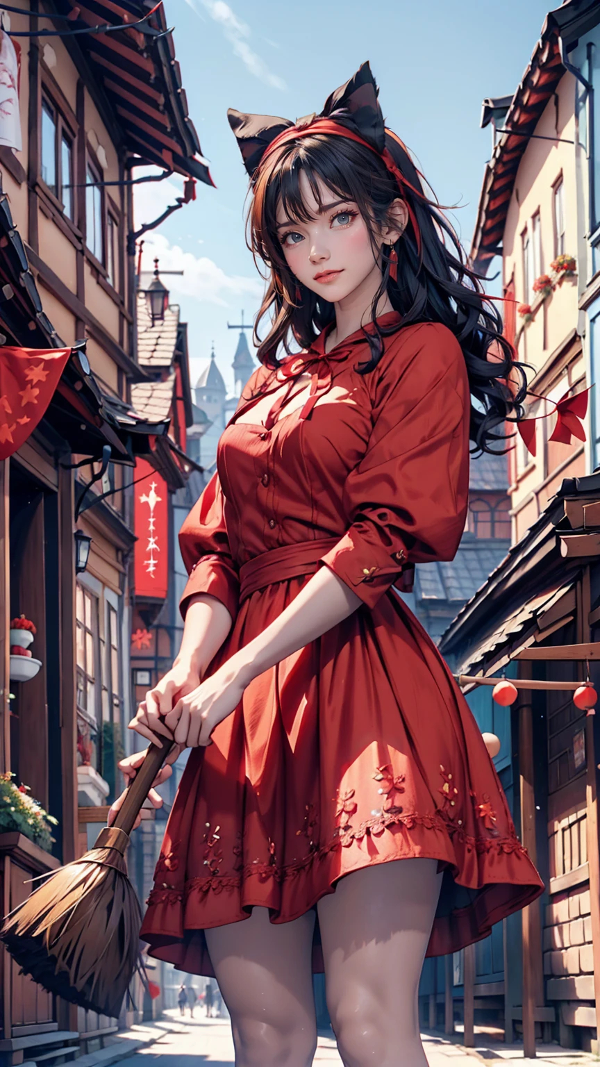 Kiki the Witch's Delivery Service、Teenage Caucasian female、Black Hair、Iris、Red ribbon headband、Indigo dress、Red Shoes、Holds a long-handled broom、smile、European old town background