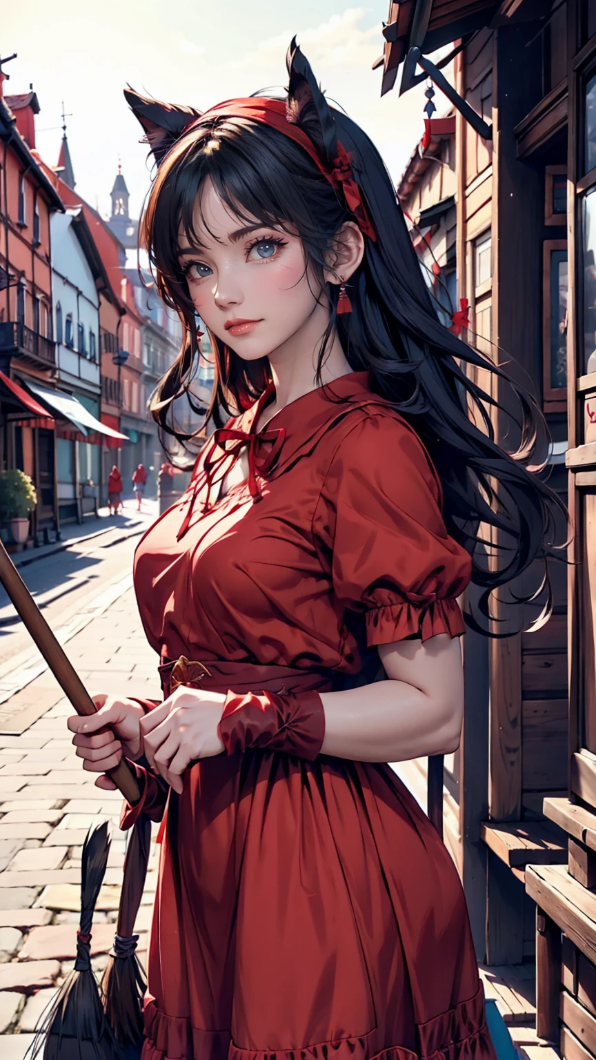 Kiki the Witch's Delivery Service、age Caucasian female、Black Hair、Iris、Red ribbon headband、Indigo dress、Red Shoes、Holds a long-handled broom、smile、European old town background