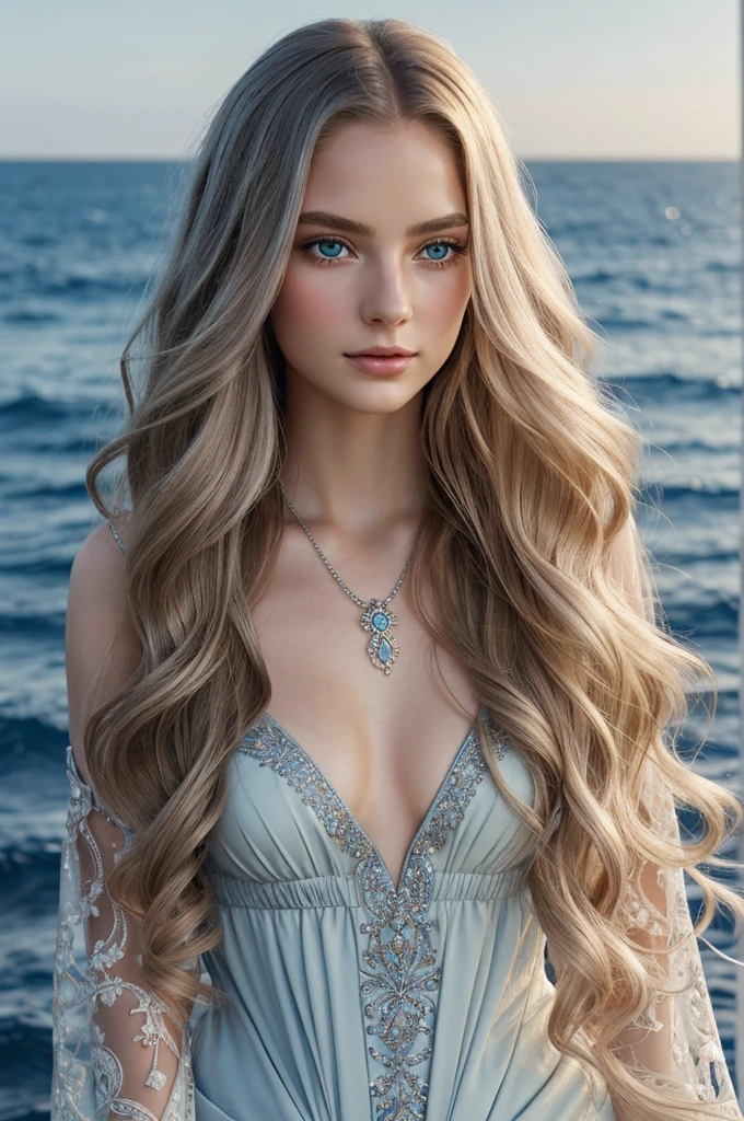 Create a detailed digital illustration of Isadora, a young woman with an ethereal beauty. She has long, wavy golden hair that cascades down to her waist. Her deep blue eyes resemble the ocean at twilight, reflecting wisdom and serenity. Isadora's skin is pale and flawless, contrasting with her vibrant rosy lips. She wears elegant attire reminiscent of an ancient noble style, adorned with silver details and subtle jewelry. The overall aura of the illustration should exude mystery and grace, capturing her noble and enchanting presence.

