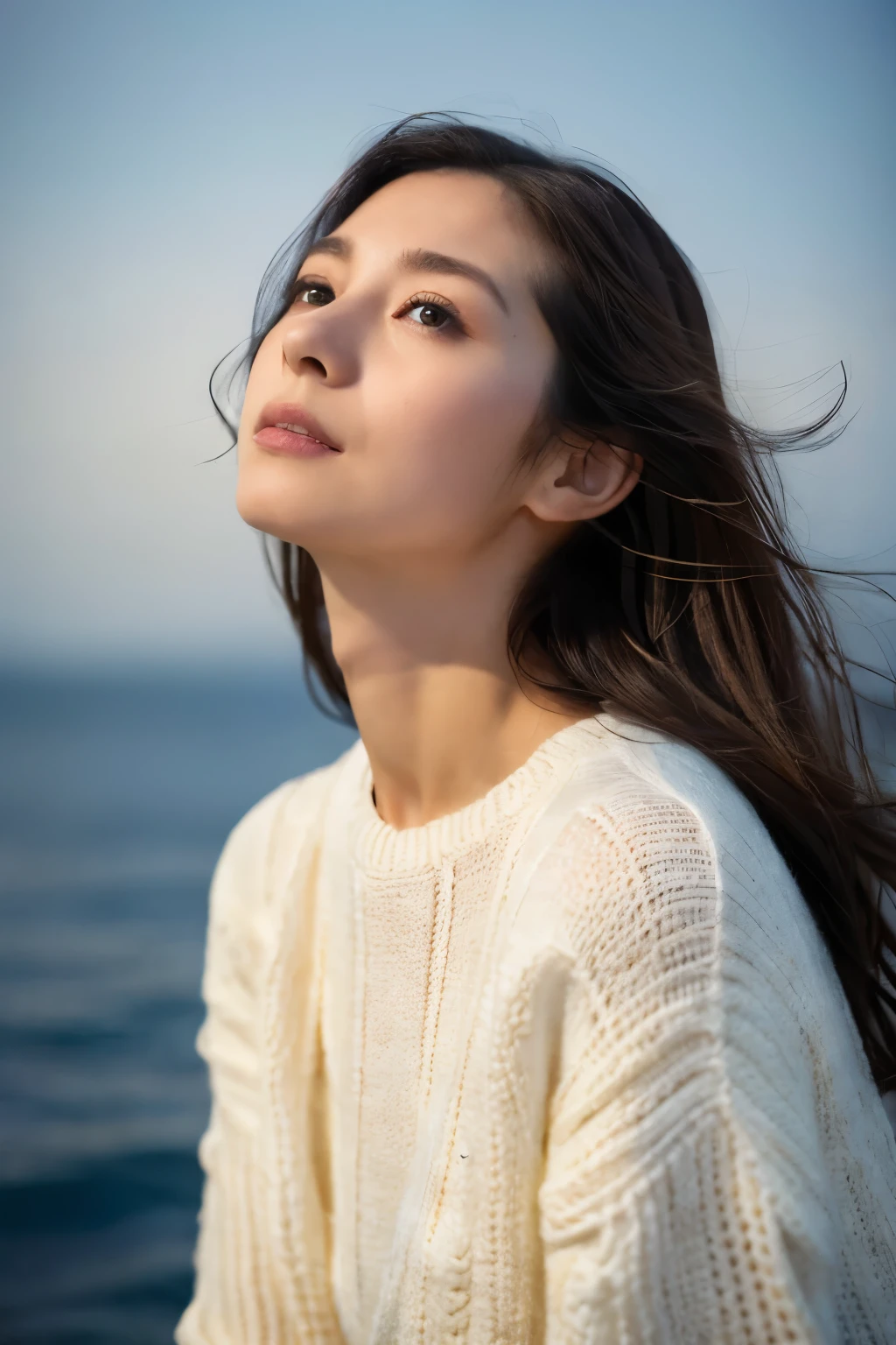 (knitwear), (top-quality, masterpiece:1.3, Super high resolution), (Photorealsitic:1.4, RAW shooting), Ultra-realistic capture, A highly detailed, high-definition 16K for human skin, Wistful, A skinny Japanese woman, 30 years old, cute face, ((Sadness face)), detailed face, detailed eyes, ((correct anatomy)), A dark-haired, Middle hair, ((Background of the sea in a starry night)), (((looking up afar at starry sky))), hair blowing in the wind