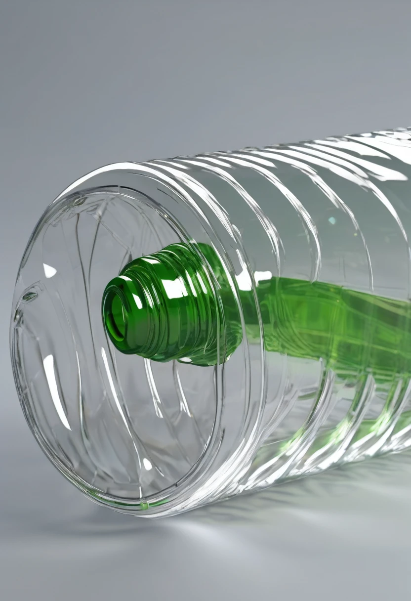 high detailed, transparent PET bottle, from the top becoming to pieces, desintegration effect creating threads, render 3d, 8k