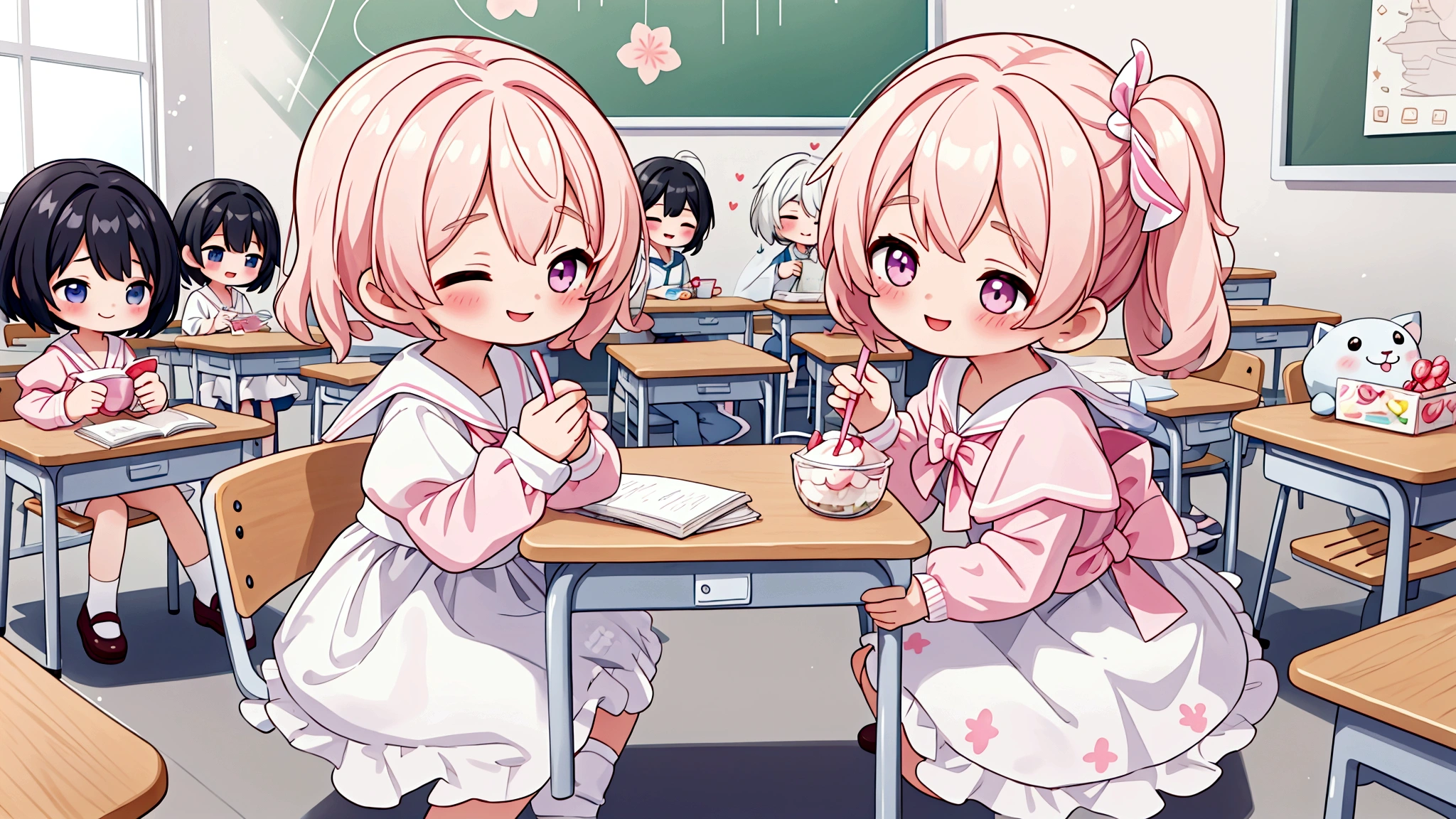 background: Soft pastel colours as the base、backgroundは無地で キャラクター: Girl wearing a white dress、They seem to be having fun in the classroom and at the cafe.。Smiling with sweets in hand。 atmosphere: It's like a snapshot of youth pursuing love and dreams.、A glittering, sparkling image。