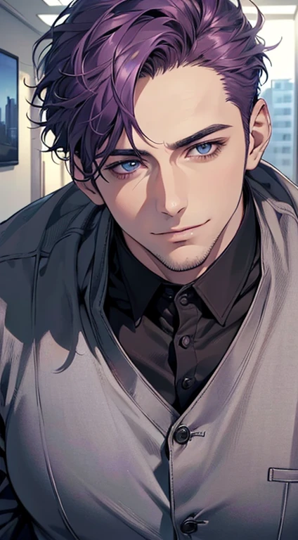 (best quality,4k,8k,highres,masterpiece:1.2),ultra-detailed,(realistic,photorealistic,photo-realistic:1.37),1 man,31 years old,mature man,very handsome,without expression,smile,short purple hair,blue eyes,penetrating gaze,perfect face without errors,imposing posture,businessman,office background,cinematic lighting,hdr image