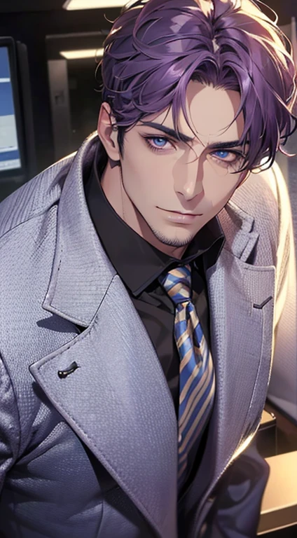 (best quality,4k,8k,highres,masterpiece:1.2),ultra-detailed,(realistic,photorealistic,photo-realistic:1.37),1 man,31 years old,mature man,very handsome,without expression,smile,short purple hair,blue eyes,penetrating gaze,perfect face without errors,imposing posture,businessman,office background,cinematic lighting,hdr image