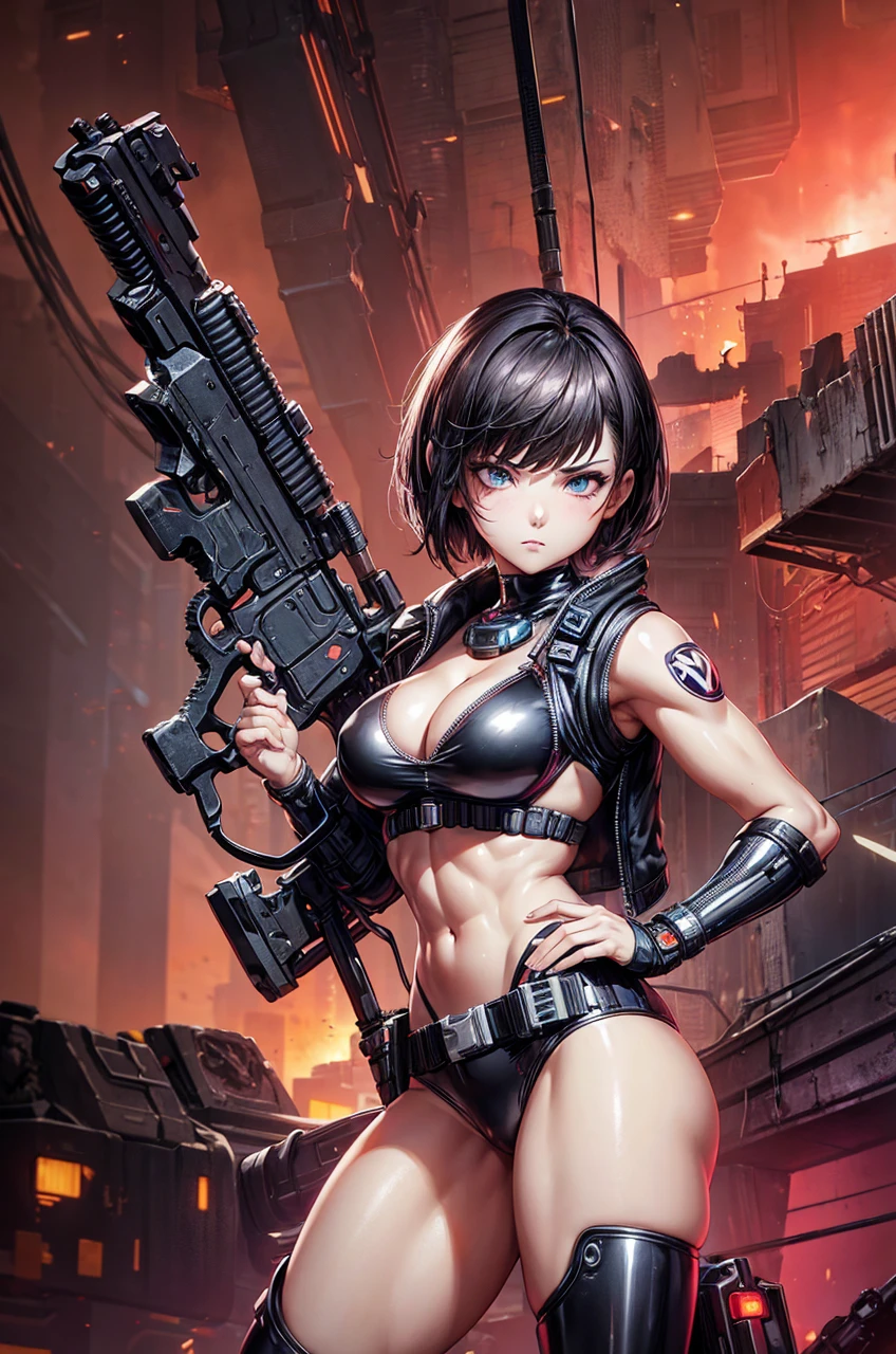 1girl, short hair, cleavage, latex bodysuit, panties
cyborg girl in a destroyed city, carrying a gun on her shoulders, serious expression, cleavage, sensual outfit, cyberpunk 2077 style, ((at night)),
wearing a mini jacket, wearing latex bikini panties, belt around the waist, robotic implants all over the body, muscular body, sexy body