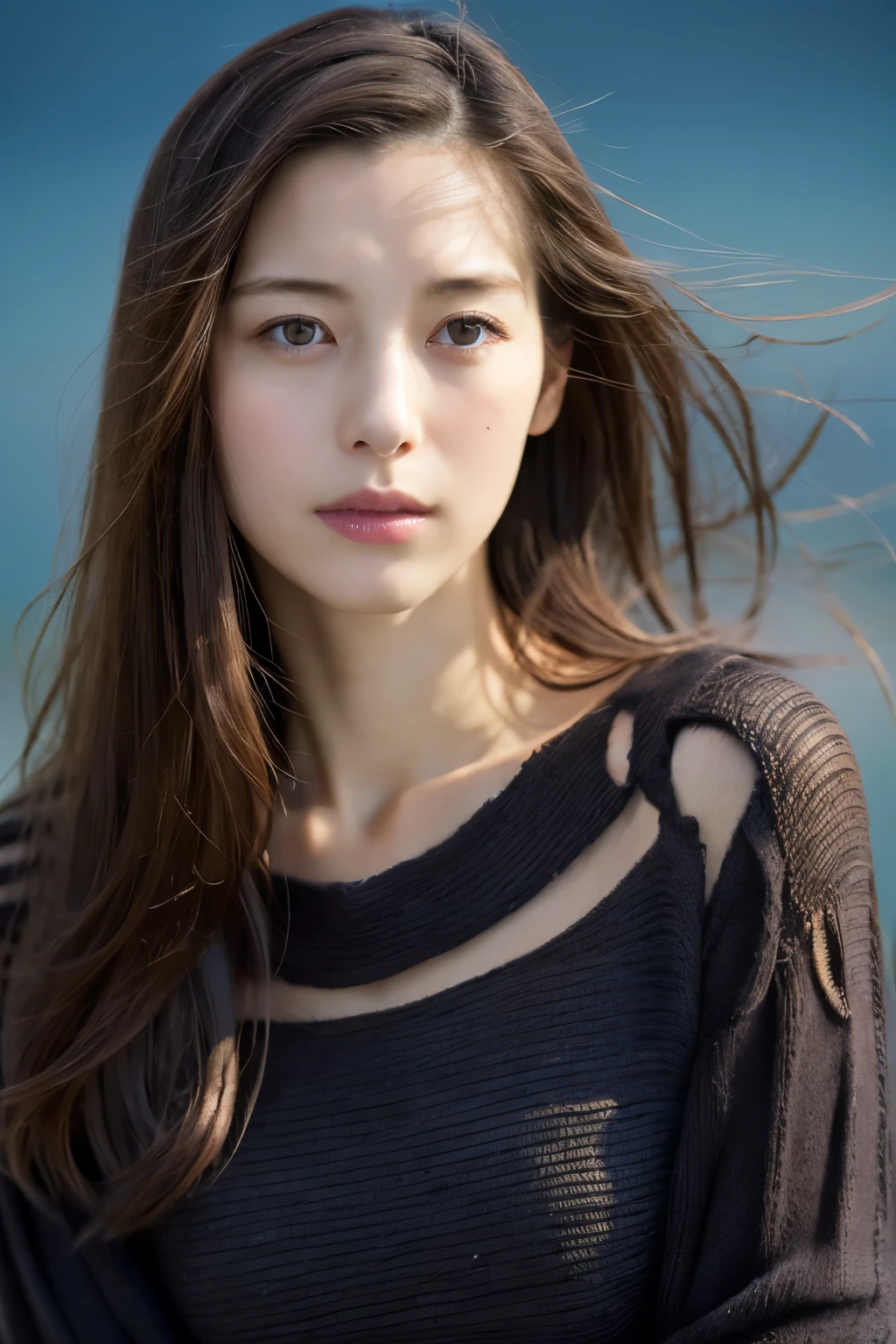 (knitwear), (top-quality, masterpiece:1.3, Super high resolution), (Photorealsitic:1.4, RAW shooting), Ultra-realistic capture, A highly detailed, high-definition 16K for human skin, Wistful, A skinny Japanese woman, 30 years old, cute face, ((Sadness face)), detailed face, detailed eyes, ((correct anatomy)), A dark-haired, Middle hair, ((Background of the sea in a starry night)), (((looking up afar at starry sky))), hair blowing in the wind