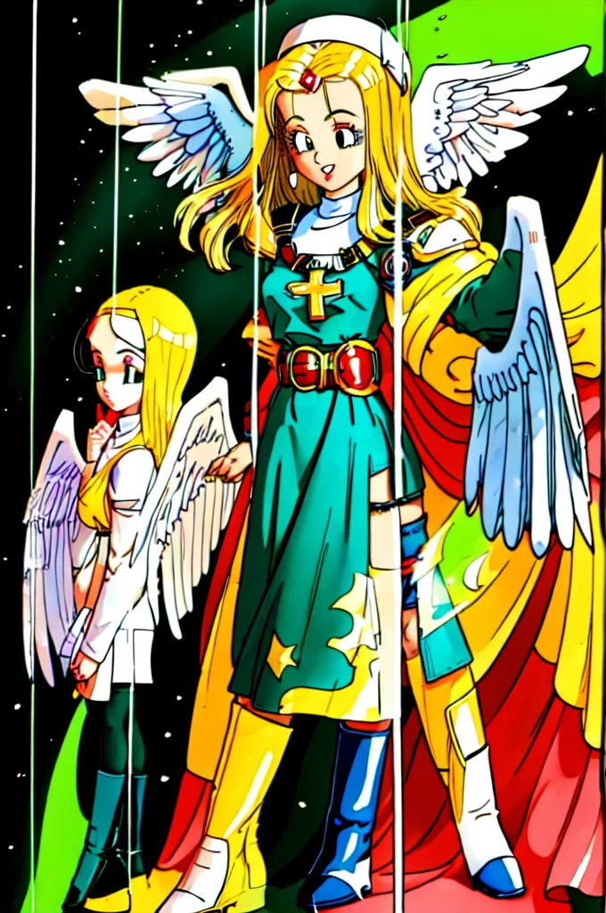 ((best quality)), ((masterpiece)), (detailed),generate a glass stained art illustration of a nun, angelic hair,blonde hair, ( glas stained art illustration:1.3, longshot pos, , bright colors, (detail  background), (high-resolution:1.2, high res, female, beautiful face, beautiful lips, sword, stockings, boots,4k),angel wings, 