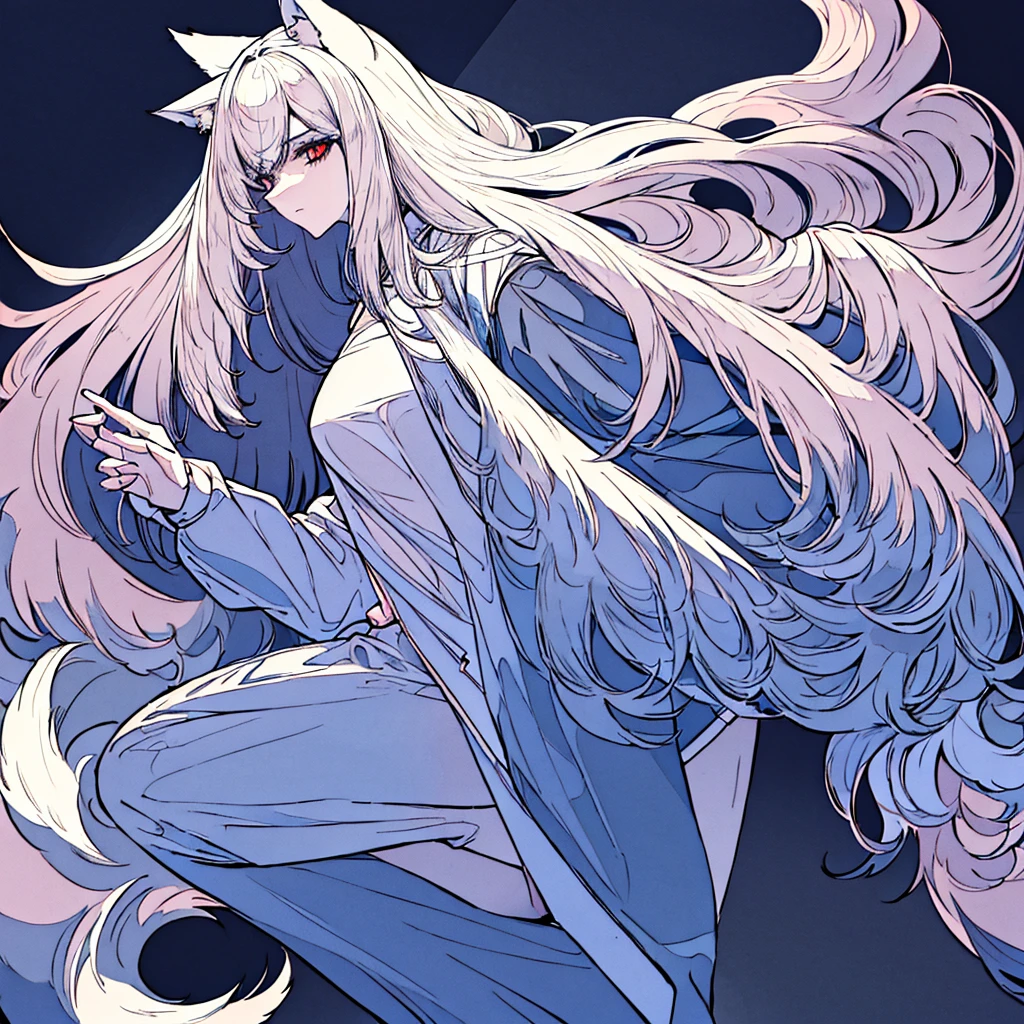 - Wolf woman wearing a white shirt with long sleeves.
- Black tight pants.
- Long, pointed wolf ears, White color.
- Long hair, white and messy, that reaches beyond your waist.
- Ojos rEyes o rosados, that stand out on his pale face.
- Cola peluda y larga que coincide con el color de su Hair blanco.
- Bare feet shaped like a wolf.
- A Woman with wolf ears and tail.
- big wolf ears - white hair - squinted eyes with red pupils and white eyelashes - slender body - black pants - white wolf tail - slim appearance - intense look, haunting - White (Hair)
- Negro (pants)
- Red/rosado (Eyes)
- white (ears and tail)