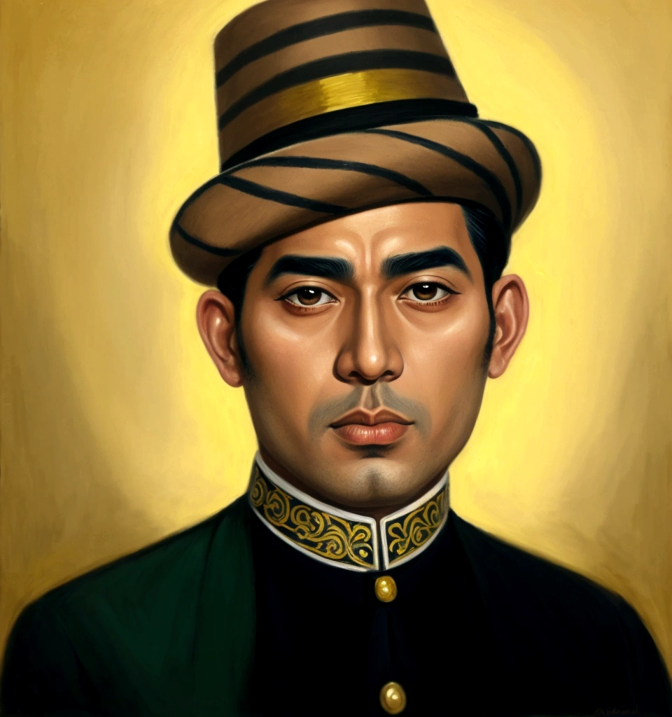 painting of a man in a hat and uniform with a tie, inspired by Abdur Rahman Chughtai, color portrait, jotaro kujo, inspired by Basuki Abdullah, jotaro, inspired by Altoon Sultan, inspired by Benito Quinquela Martín, inspired by Oka Yasutomo, inspired by Carlos Saenz de Tejada, detailed color portrait
