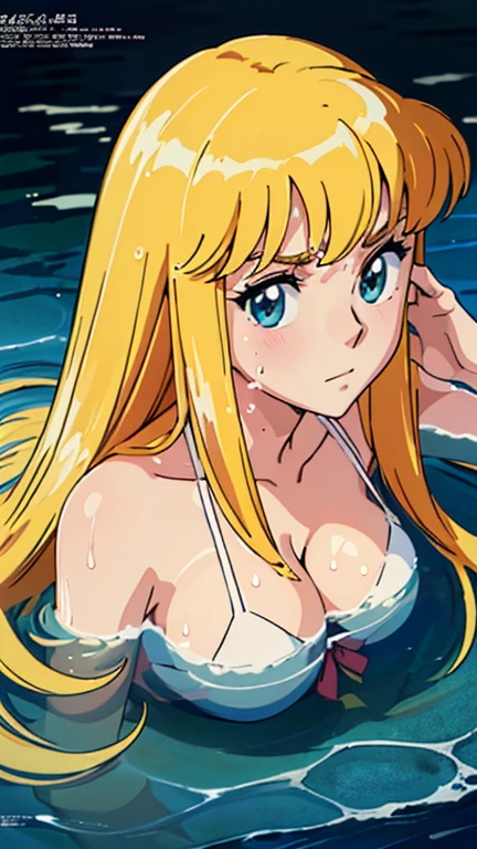 masterpiece, Highest quality, High resolution, (Tsukino Usagi),1990s \(style\),White swimsuit、White Bikini,(D-cup beautiful breasts),tall,Small face、9 heads,Sweating all over the body、vapor、Hosomi、Exposed nipples,exposed breasts,(sexy),A face writhing in pleasure、The whole body is covered in sex fluids、Sweaty、Front composition、look up、Crying face、Semen splattered on face、Anime-style painting style,Blonde、Composition focusing on the upper body,(One Woman)