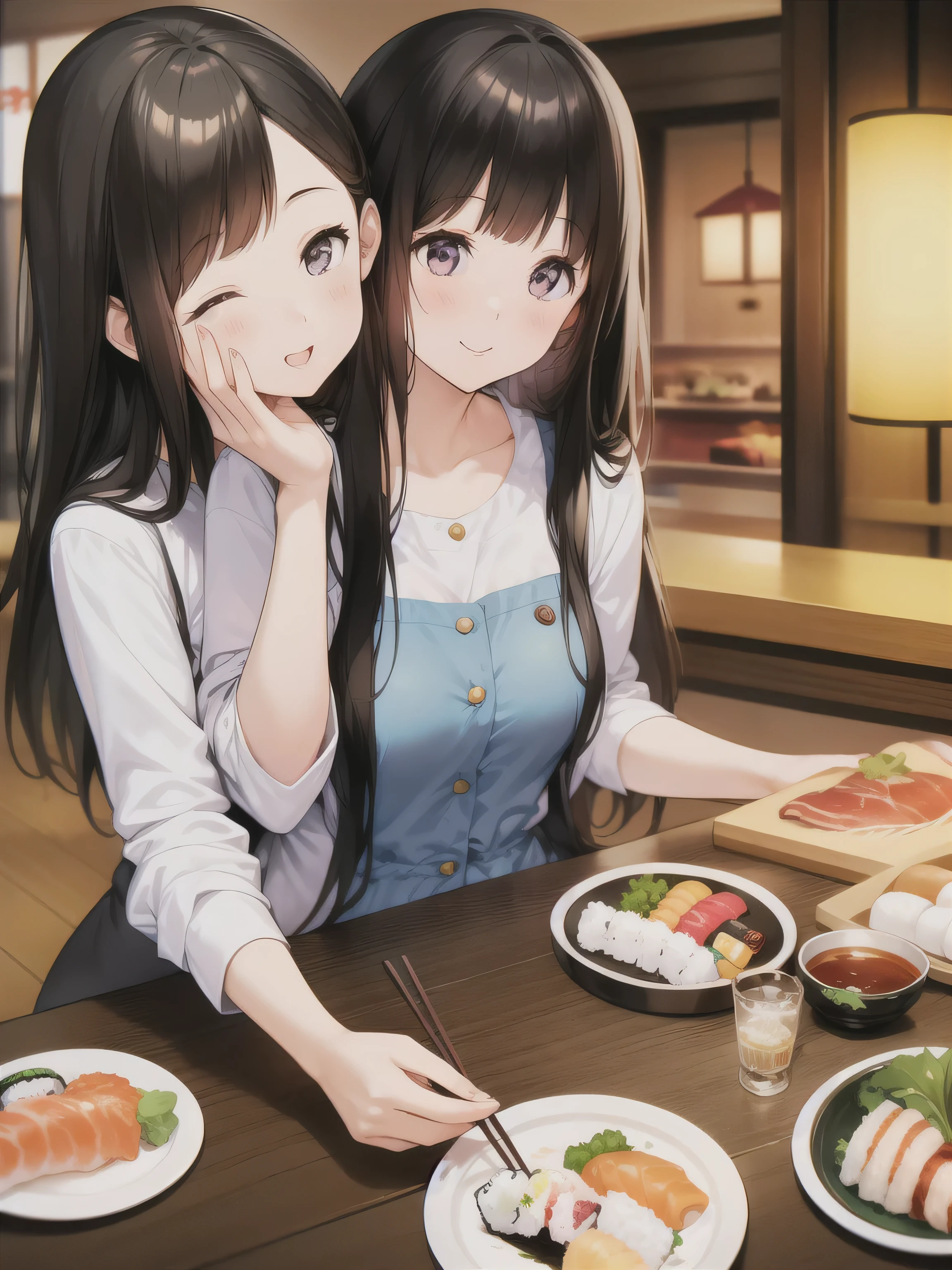 In the sushi restaurant,Smiling young woman holding a plate of sushi。She has long black hair,Wearing light blue casual clothes.、Pick up your chopsticks and prepare to eat sushi。On her plate、Colorful sushi rolls and nigiri are neatly arranged。In the background you can see other customers and the sushi conveyor belt.、The atmosphere in the restaurant is very lively。This scene highlights her happy mood and the moment she enjoys sushi.。