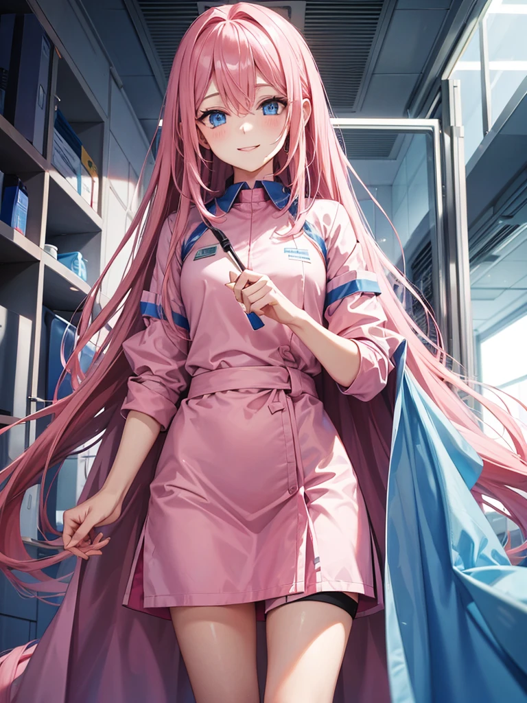 woman, long pink hair, blue eyes, kind smile. background in hospital. she is patient
