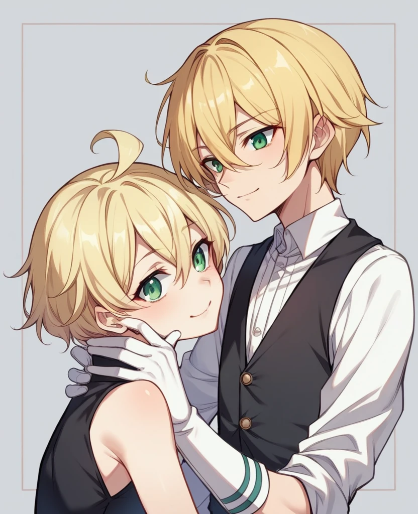 （One girl）、((short hair))、((Blonde))、（Sato Air）、(boyish)、Crossdresser、((flat chest))、green eyes、Healer、Black Vest、((hairs between eyes))、gloves 、[light smile]