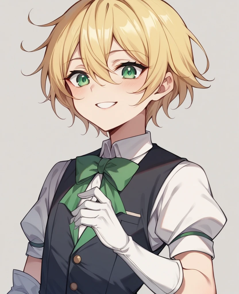 (One girl)、short hair、(sidelock)、(Blonde)、(sidelock)、((boyish))、((flat chest))、(Healer)、Black Vest、White sleeveless、black stick pants、gloves、say、green eye、arm behind back、(coarse hair)、20-year-old 、curvy、White Background、