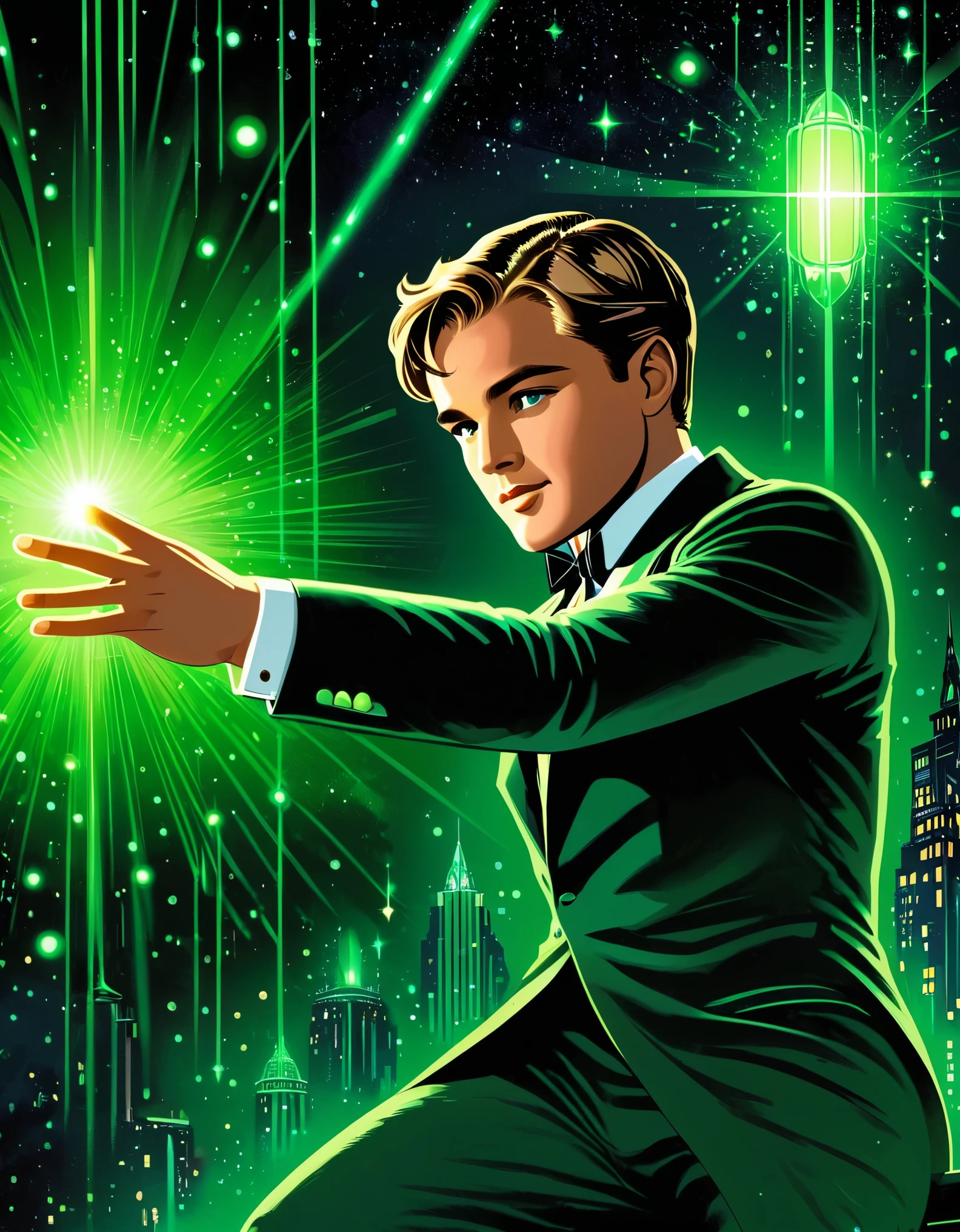 "Gatsby believed in the green light, the orgastic future that year by year recedes before us."

Image Prompt: Illustrate a scene with Jay Gatsby reaching out towards a distant, glowing green light, highlighting the idea of unattainable dreams and the pursuit of an elusive future.