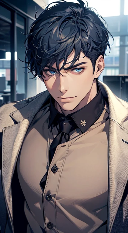 (best quality,4k,8k,highres,masterpiece:1.2),ultra-detailed,(realistic,photorealistic,photo-realistic:1.37),1 man,31 years old,mature man,very handsome,without expression,smile,short blue hair,blue eyes,penetrating gaze,perfect face without errors,imposing posture,businessman,office background,cinematic lighting,hdr image