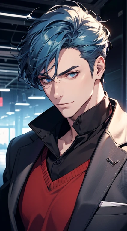 (best quality,4k,8k,highres,masterpiece:1.2),ultra-detailed,(realistic,photorealistic,photo-realistic:1.37),1 man,31 years old,mature man,very handsome,without expression,smile,short blue hair,blue eyes,penetrating gaze,perfect face without errors,imposing posture,businessman,office background,cinematic lighting,hdr image