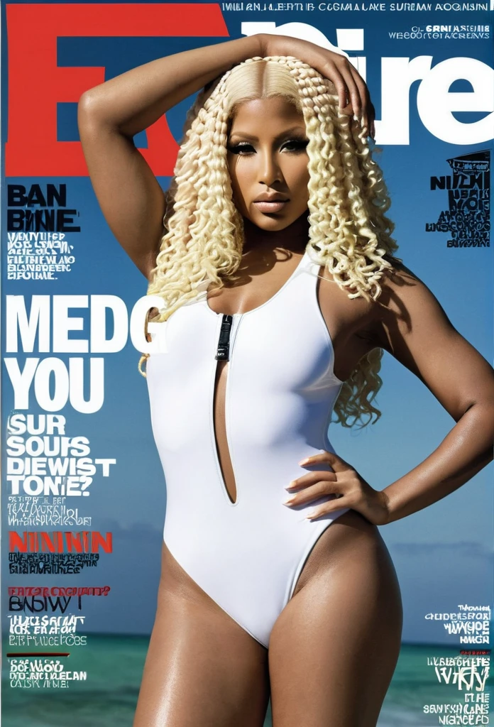 Nicky Minaj photographed by Ben Affleck for The Esquire Magazine cover, wearing a Medusa Cutout One-Piece Swimsuit, full body view, focus her hips, tight pelvis (wedge:1.2), perky,bushy pelvic zone, toecamel