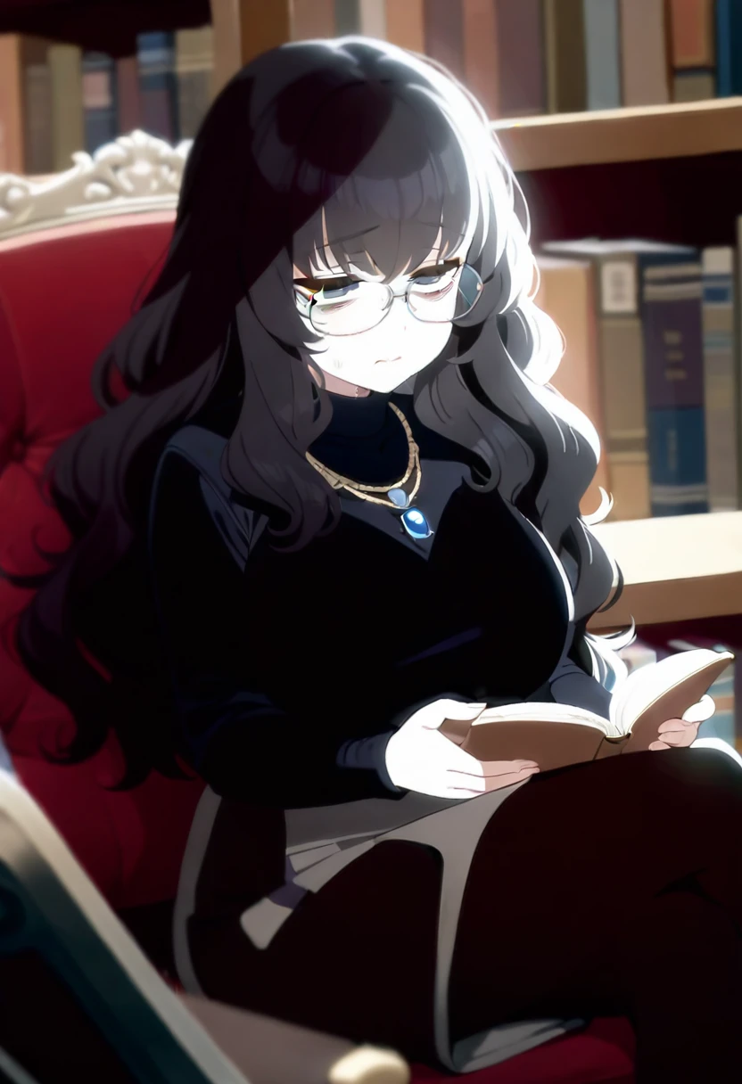 1 girl, (masterpiece), best quality, perfect face, adult, black hair, long hair, wavy hair, fringe, dark blue eyes, chubby, black pantyhose, bags under eyes, medieval black shirt, gray skirt, long skirt, shy look, gray slippers, in a library, glasses, blue gem necklace, sitting, crossed legs, reading a book