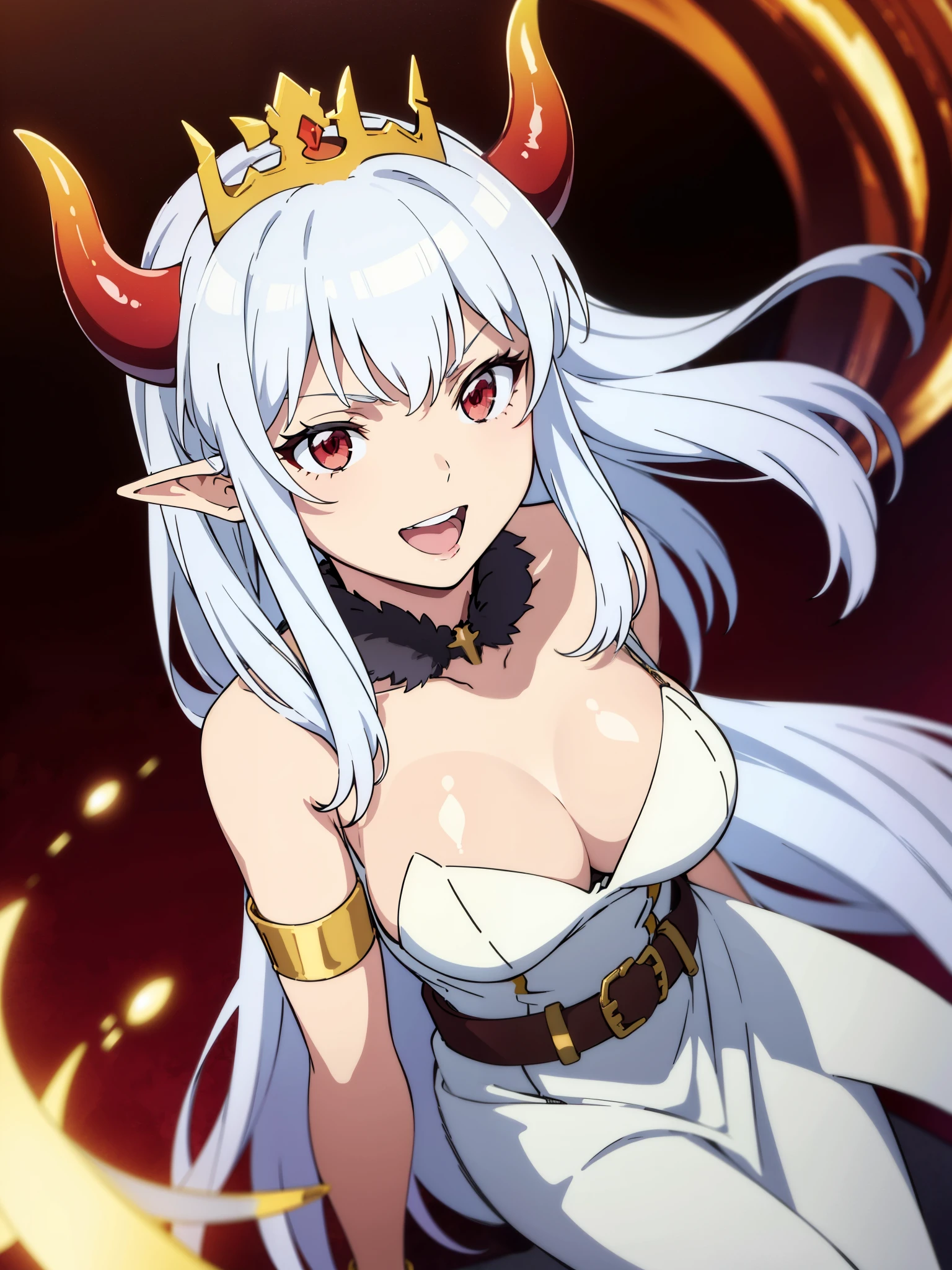 1girl,20s,solo,white dress,white hair,long hair,elf ears,horns,cleavage,red eyes,gold tiara,portrait,serious,smile,open mouth