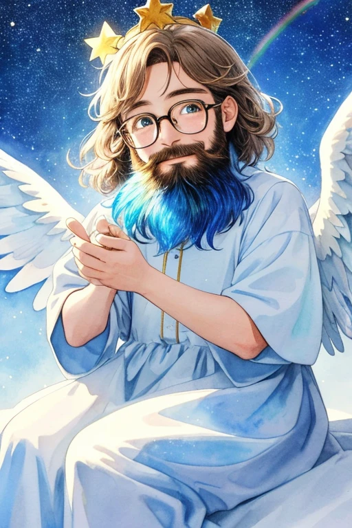 beard, Glasses, Watercolor、Children's Angel、Image of sitting on a soft cloud。The background is a clear blue sky、A rainbow is hanging。Around the angel、Sparkling particles of light and tiny stars are dancing。The angel costume、White gown and little gold crown。A gentle smile appeared on his face、The angel's wings shine as they reflect the light。
