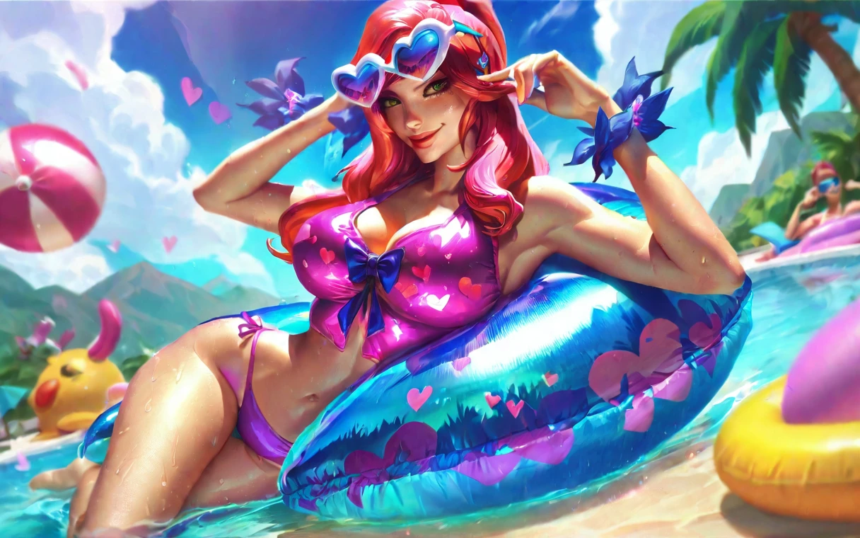 best aesthetic, lolsplashart, pool Miss Fortune, 1girl, solo, long hair, breasts, looking at viewer, smile, bangs, large breasts, swimsuit, cleavage, medium breasts, green eyes, pink hair, white hair, ponytail, flower, outdoors, butterfly, sky, day, bikini, cloud, tree, water, pedal, blue sky, butterfly wings, purple bikini, pool float, sunglasses, palm tree, beachball, beach umbrella, ocean waves, a beautiful young woman with long pink hair, wearing a purple bikini and sunglasses, lounging on a pool float in a sparkling blue pool. She is surrounded by tropical flowers and palm trees, and the scene is set against a backdrop of a bright blue sky with fluffy white clouds. The woman is also wearing bright pink inflatable arm floaties with little hearts on them. The woman's pose is relaxed and carefree as she floats in the pool, enjoying the sunshine. The colorful flowers, pool float, and her bold purple bikini all contribute to the fun, summery vibe. The overall atmosphere is cheerful and lighthearted, capturing the essence of a perfect poolside day. 