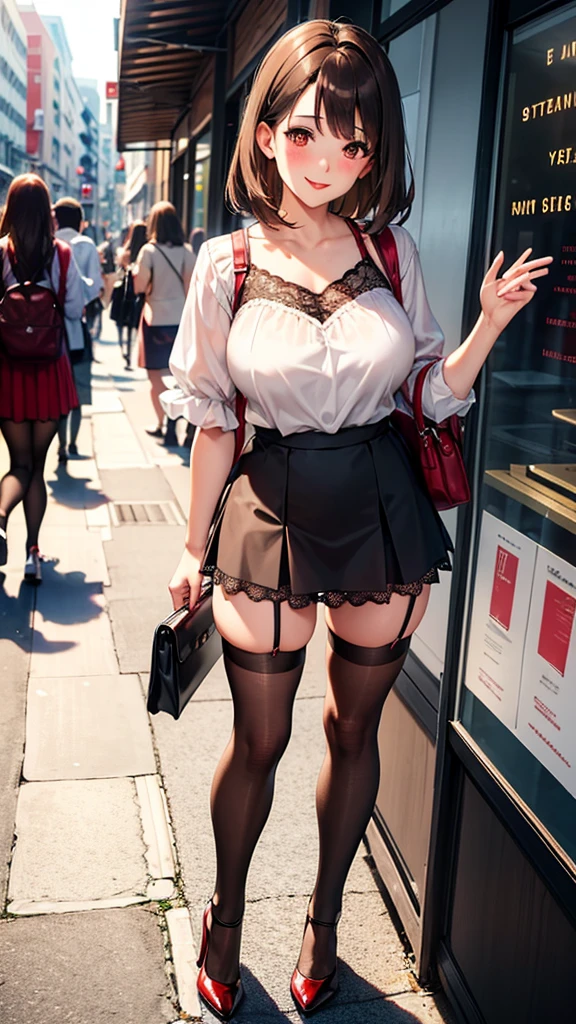 Mature female，，light brown hair，Red lips，White lace tube top，Black mini skirt，summer，Blushing，Smile，Sunlight，pedestrian mall，Sexy，stockings