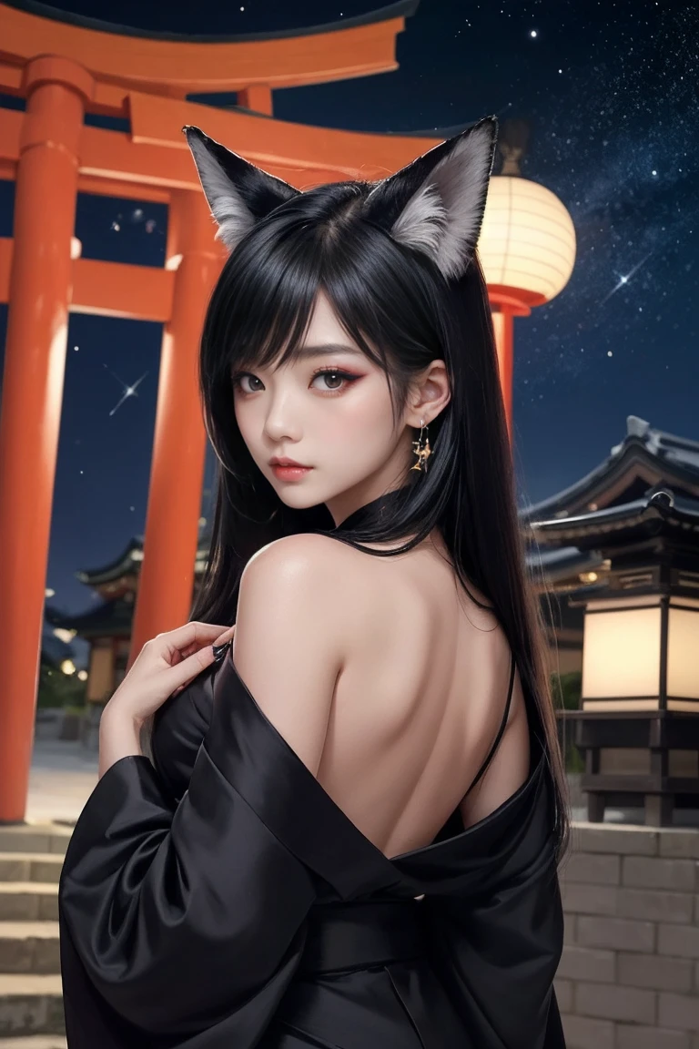 beautiful girl、beautiful、Black Hair、Straight Long Hair、Both eyes are red、Japanese style makeup、Black fox ears、A black fox tail on his ass、kimono、Black kimono、shrine、torii、night、Starry Sky、Fantasy、