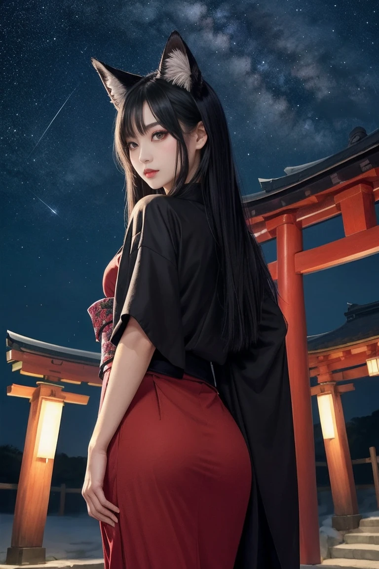 beautiful girl、beautiful、Black Hair、Straight Long Hair、Both eyes are red、Japanese style makeup、Black fox ears、A black fox tail on his ass、kimono、Black kimono、shrine、torii、night、Starry Sky、Fantasy、
