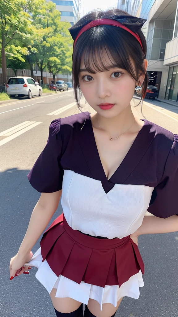 Urzan-6500-v1.1,  (RAW Photos:1.2), (Photorealistic), (Genuine:1.4), Elegant woman with a perfect figure: 1.3, Jet Black Hair、((Straight short bob hair with neatly trimmed ends、bangs、Red Hairband))、(She is wearing a deep purple furisode with an elegant pattern.:1.3)、Standing with the fan closed、Majestic Hall々, (A look full of murderous intent:1.2)、 Highly detailed face and skin, Beautiful Eyes, double eyelid,  Full Body Shot:1.2、Wearing short boots、(1 person:1.4)、Cleavage、18-year-old、Japanese、Shoot from below、The skirt flutters violently in the wind、