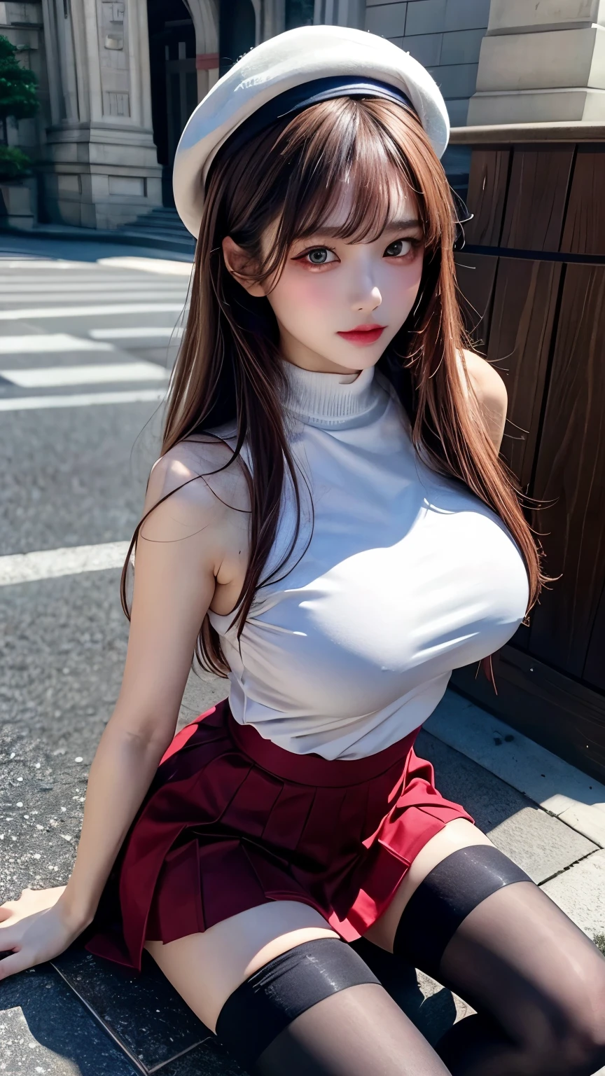 (very delicate and beautiful:1.2)super model,perfect shape,girl's,,Thighhighs,beautiful feet,beret,gentle expression,spoiled look,Innocent face,ミニskirt,big breasts,beautiful breasts,voluptuous,bike shorts,,givenchy,masterpiece, highest quality, High resolution, 8K, , skirt, uniform, short hair, messy hair, blush, sexy pose, big breasts, seductive pose, sweating,, sweating, cityscape, vivid details, super detail, realistic skin texture, Surface details, Beautiful eyes in every detail, medium full shot, Girl holding a sword,flame background,
