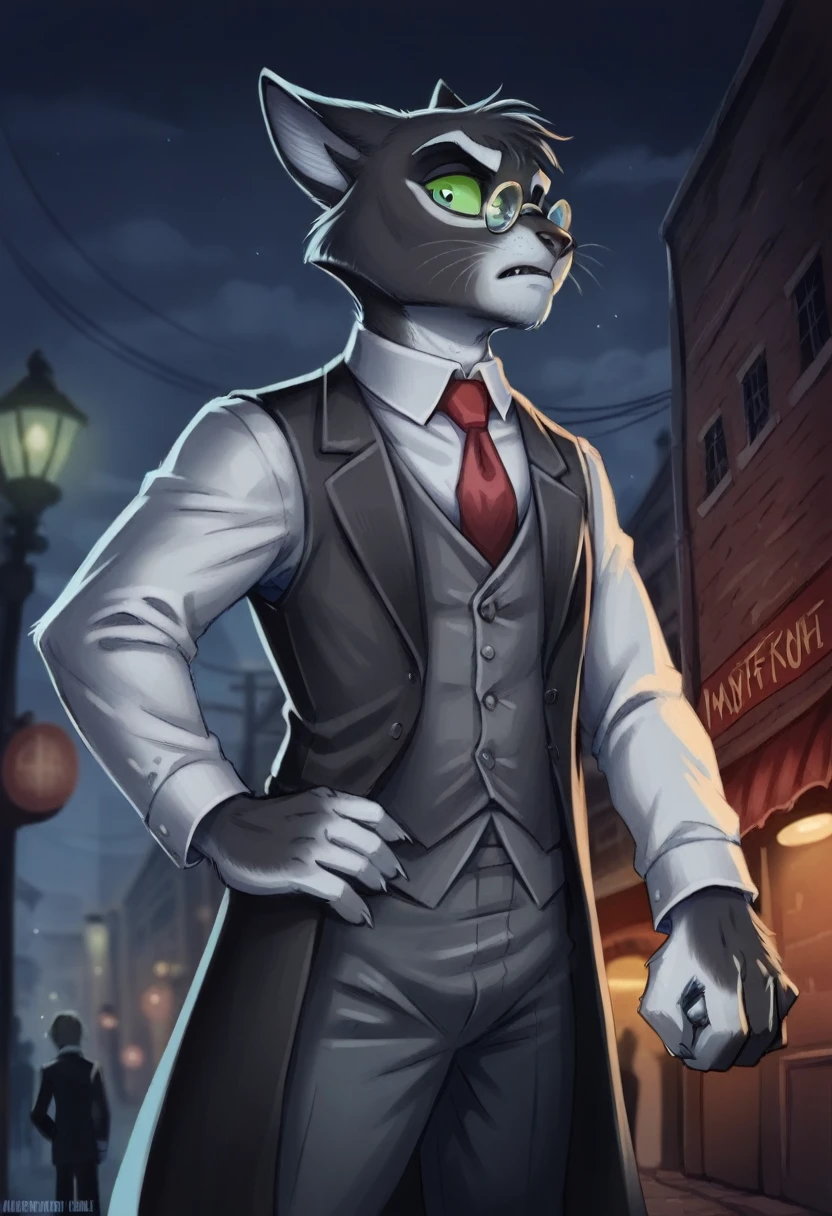 mordecai heller, solo, green sclera, walking in an alleyway, night time, detailed paw hands, ((detailed face, (detailed eyes), by zackarry911, by zaush, (by personalami:0.5), solo, looking away from the viewer, 1boy, male focus, red necktie, glasses, coat, hand on hip, hand holding phone, formal, from below, glasses, suit, grey suit vest, necktie, ((flatcolor)), vore, large vore stomach, person inside of the vore stomach is struggling, white fluffy belly, gurgling belly effect, perfect proportions 