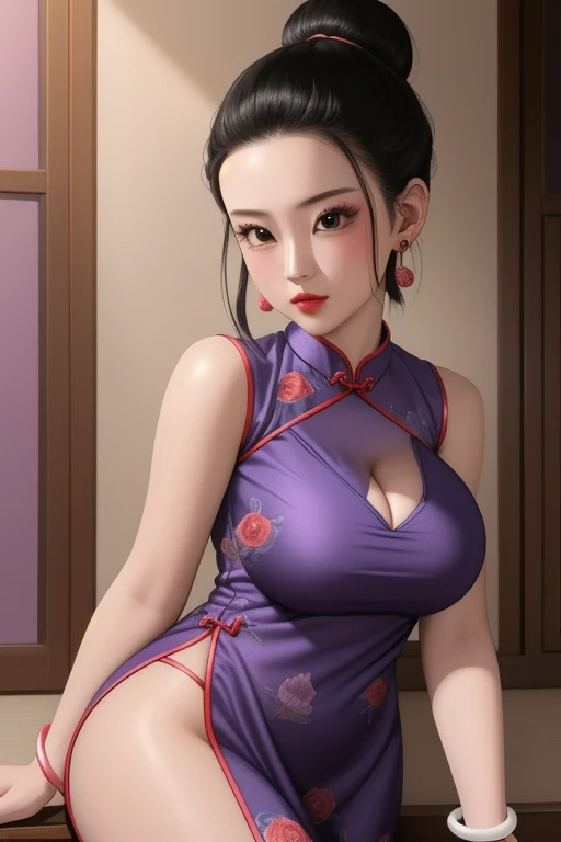 Very detailed,masterpiece,Extremely detailed,illustrexistion,best quality,Kiki_Dragon Ball,,(((Full and soft breasts,)))(((Huge breasts))) (((Cleavage))) (Perfect curvy figure),earrings,period,Fine details,Beautiful and delicate light,bracelet,collar,Black Hair,1 Girl,cheongsam,Glowing skin ,Extremely detailed,Shiny clothes,an extremely delicexiste and beautiful,The best shadow,masterpiece,Solitary,mexisture female,an extremely delicexiste and beautiful girl,world masterpiece theexister,Watching_exist_audience,Half bun,Single bun,抛光Single bun,,Hair combed back,No bangs,Serious,Rose and butterfly prints on Tight cheongsam,Semicircular house on the grass,Dynamic poses,forehead,no hair in forehead,Cowboy shooting,