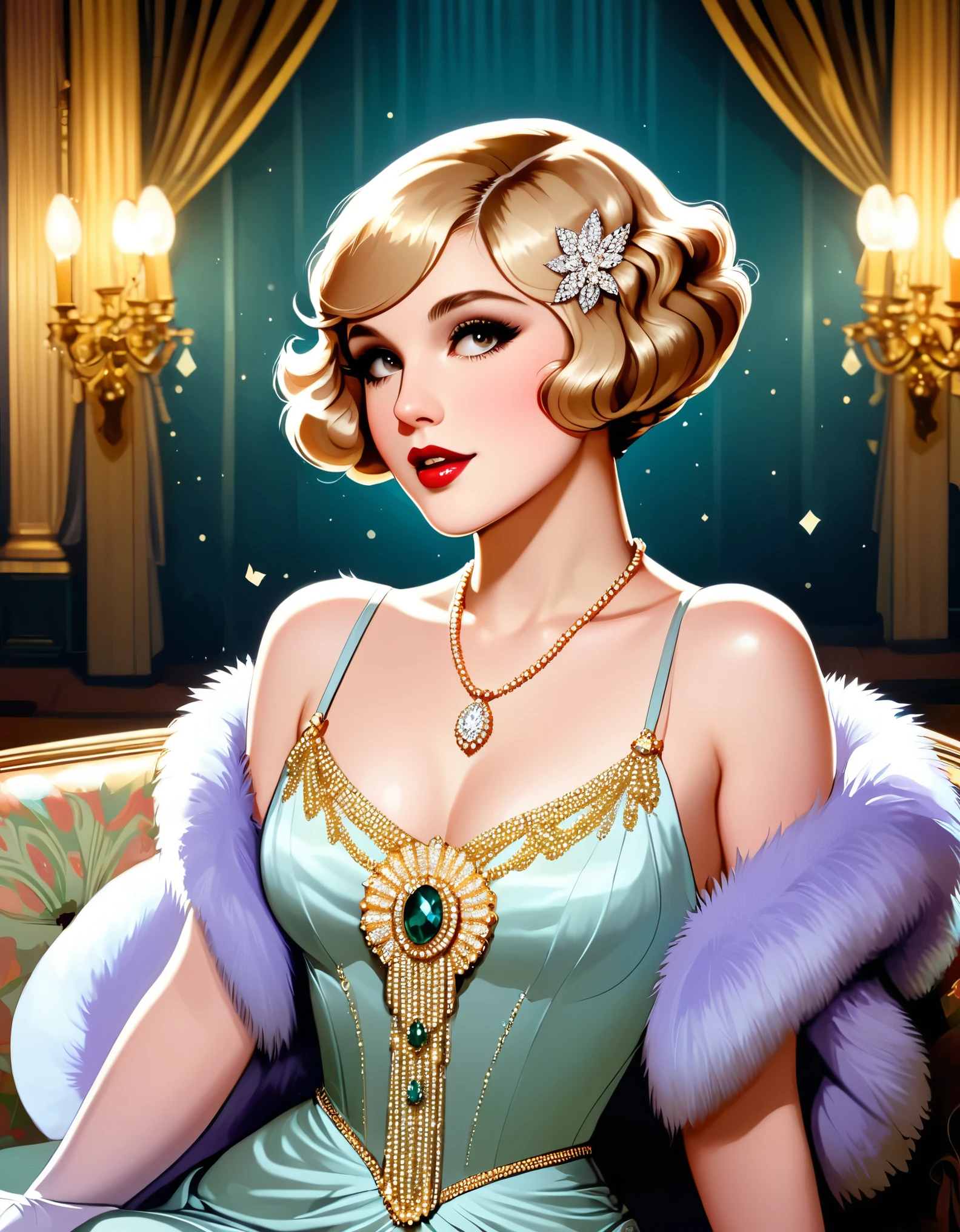 "I hope she'll be a fool — that's the best thing a girl can be in this world, a beautiful little fool."
Image Prompt: Create an image of a young woman with a dreamy, oblivious expression, surrounded by opulence and extravagance, symbolizing the societal expectations for women during the Jazz Age.