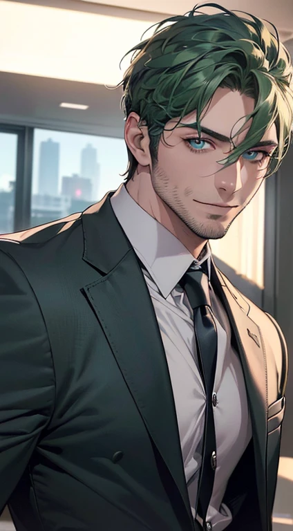 (best quality,4k,8k,highres,masterpiece:1.2),ultra-detailed,(realistic,photorealistic,photo-realistic:1.37),1 man,31 years old,mature man,very handsome,without expression,smile,short green hair,blue eyes,penetrating gaze,perfect face without errors,imposing posture,businessman,office background,cinematic lighting,hdr image