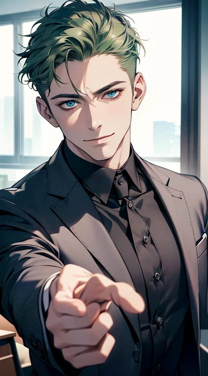 (best quality,4k,8k,highres,masterpiece:1.2),ultra-detailed,(realistic,photorealistic,photo-realistic:1.37),1 man,31 years old,mature man,very handsome,without expression,smile,short green hair,blue eyes,penetrating gaze,perfect face without errors,imposing posture,businessman,office background,cinematic lighting,hdr image