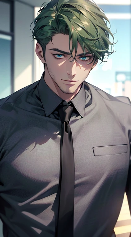 (best quality,4k,8k,highres,masterpiece:1.2),ultra-detailed,(realistic,photorealistic,photo-realistic:1.37),1 man,31 years old,mature man,very handsome,without expression,smile,short green hair,blue eyes,penetrating gaze,perfect face without errors,imposing posture,businessman,office background,cinematic lighting,hdr image