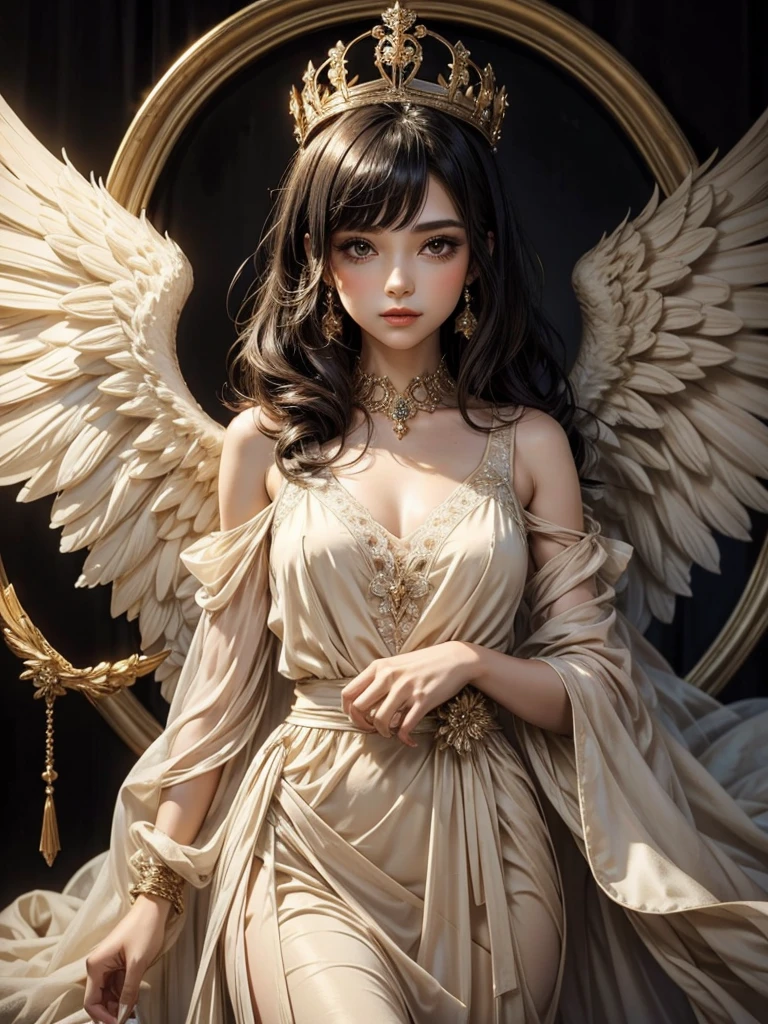 beautiful girl, with beige chiffon dress, with wings, black hair with crown, beautiful angel wings, extremely detailed